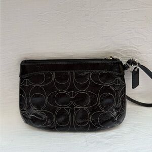 Coach Black Leather Wristlet with Signature Pattern